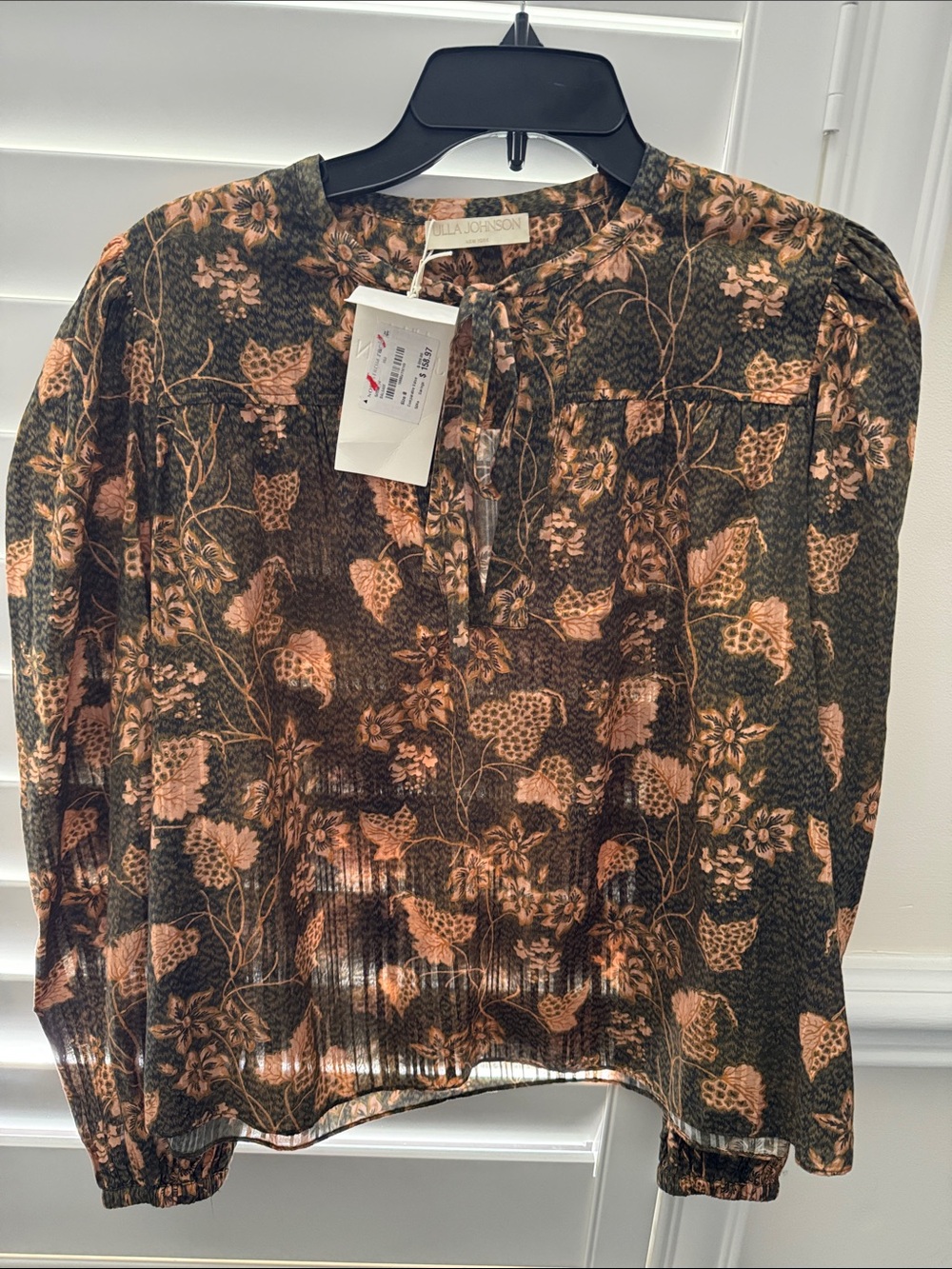 Ulla Johnson Olive and Peach Floral Tie-Neck Blouse